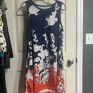 Navy and Orange Floral Midi Dress
